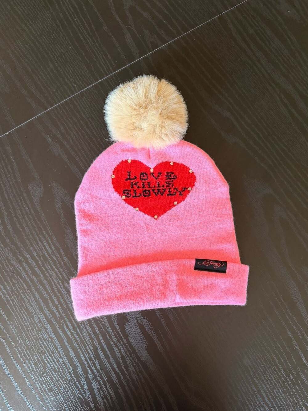 Ed Hardy Love Kills Slowly Pink Pom-Pom Beanie with Crystal Embellishments
